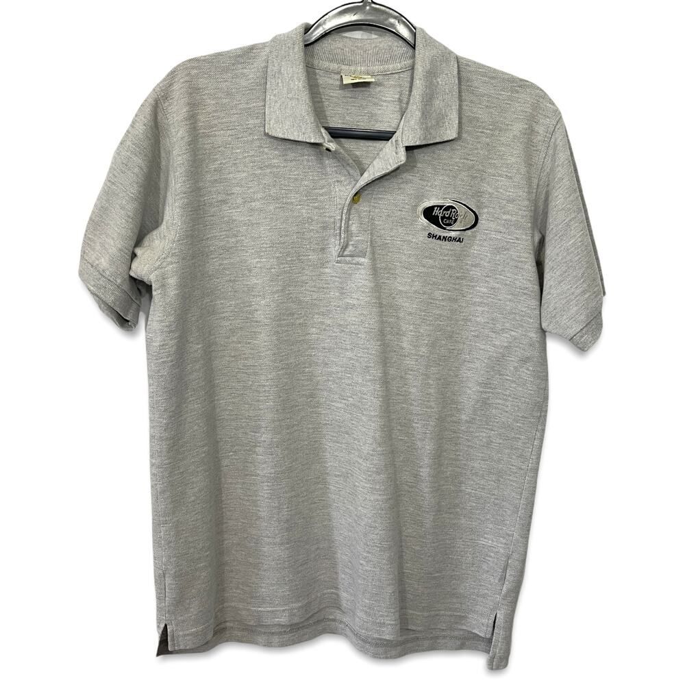 Hard Rock Cafe Shanghai VINTAGE Polo Shirt Mens L Gray Embroidered Logo Music